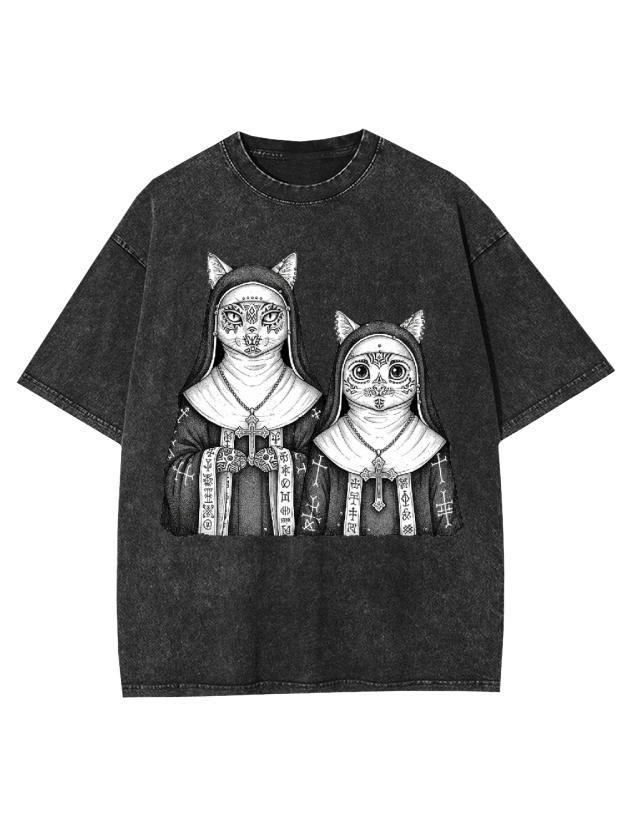 Two Cat Nuns Washed Tshirt