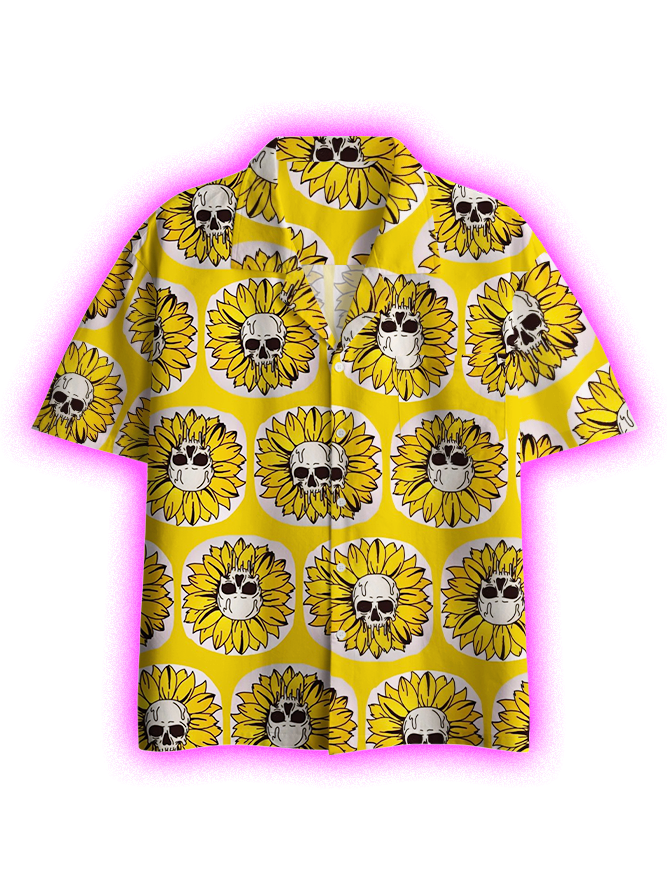 Skull Sunflowers Button Up Pocket Shirt