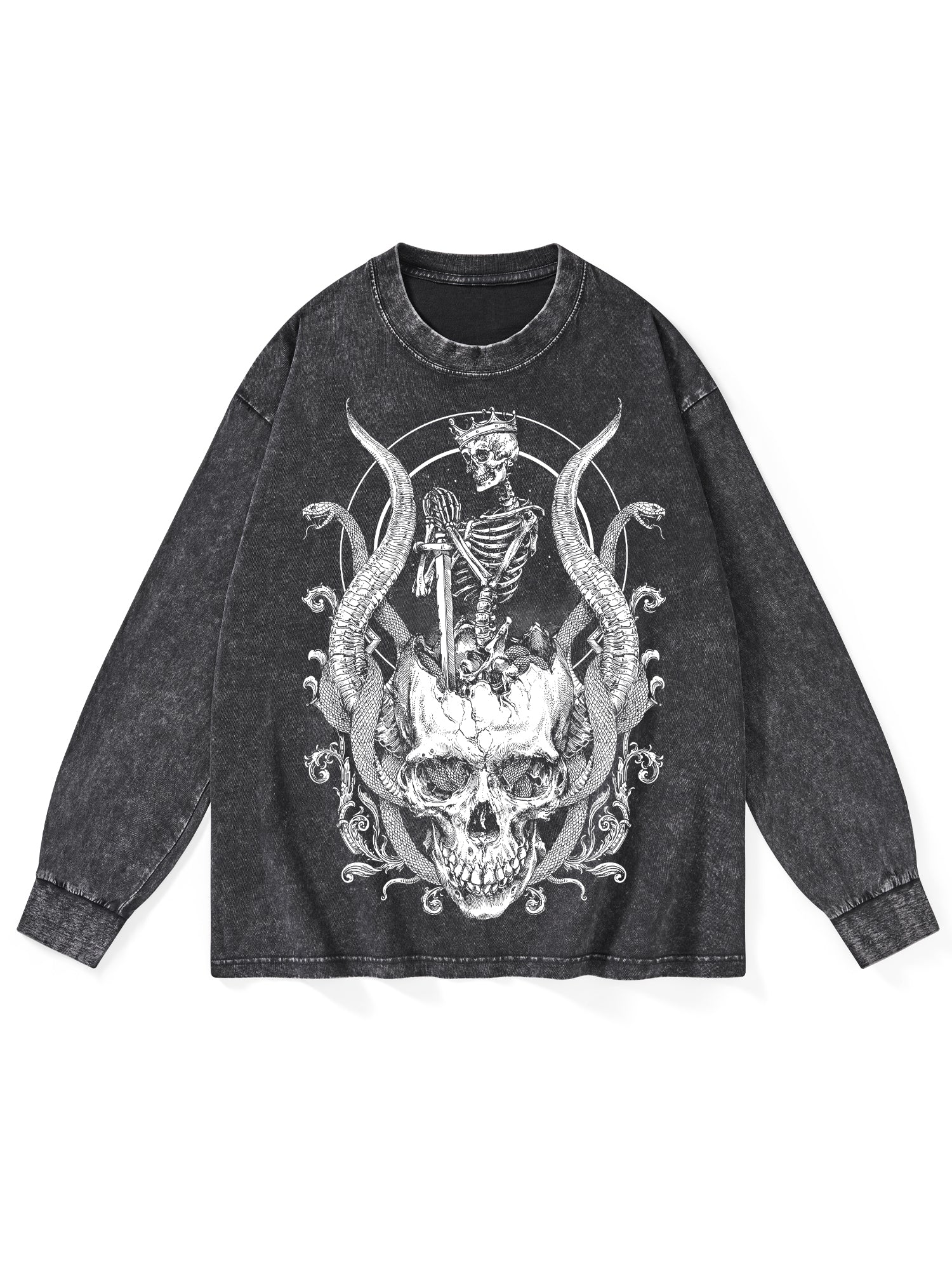 Skeleton King Washed Long-Sleeve Tshirt-ClassyOutlaw