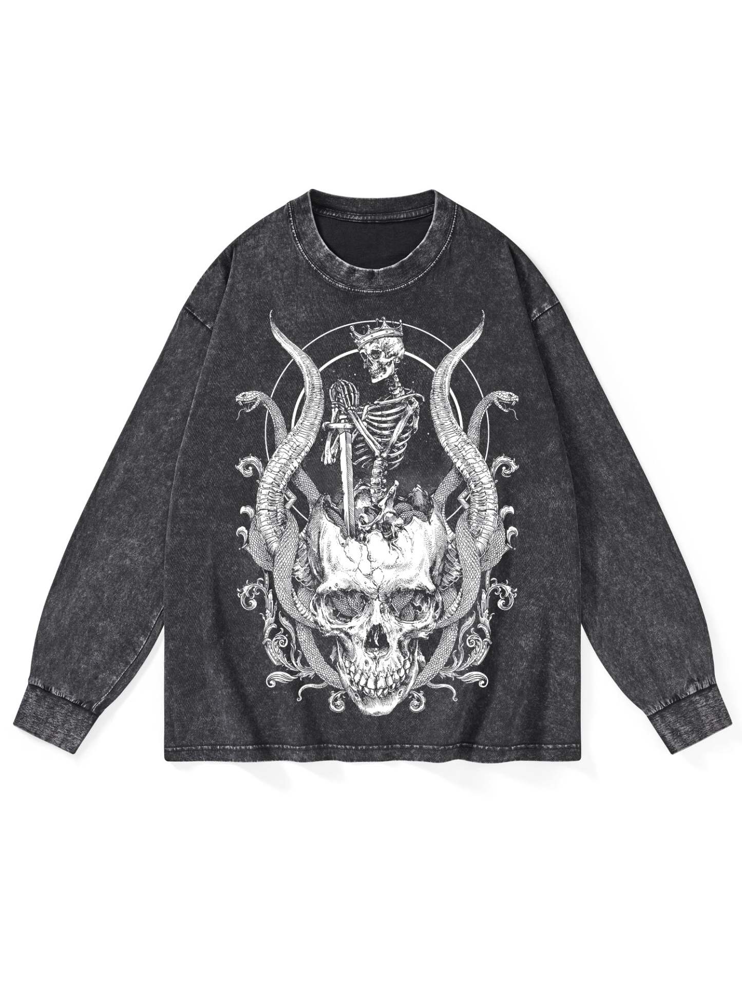 Skeleton King Washed Long-Sleeve Tshirt-ClassyOutlaw