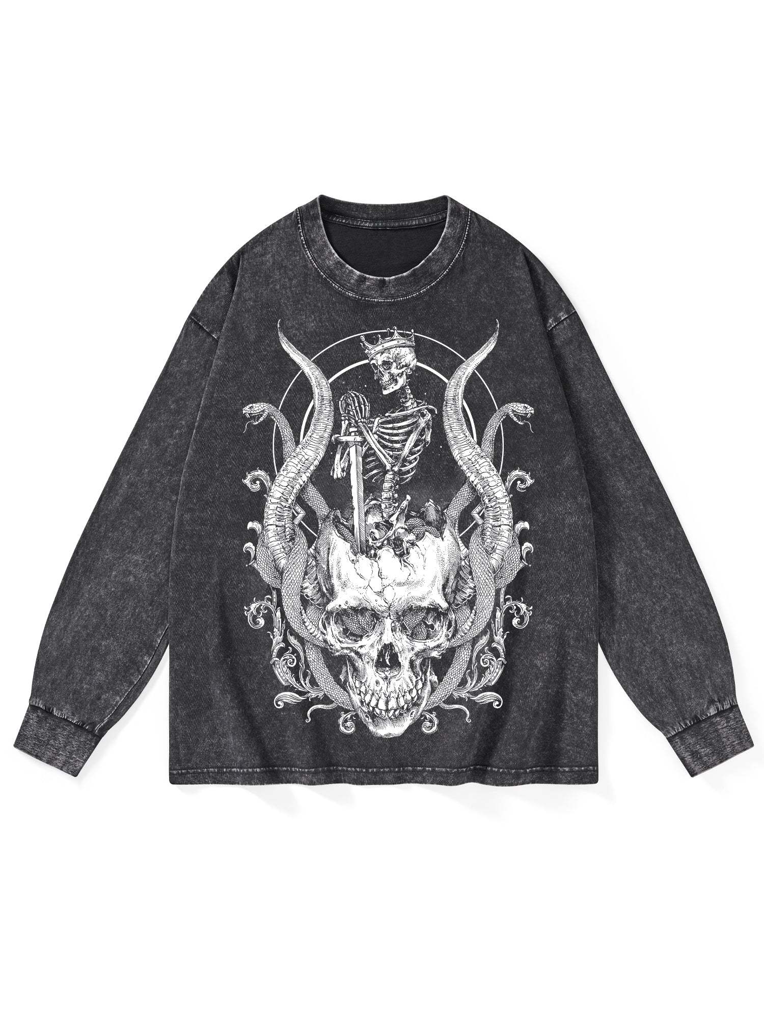 Skeleton King Washed Long-Sleeve Tshirt-ClassyOutlaw