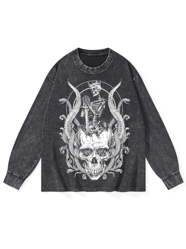 Skeleton King Washed Long-Sleeve Tshirt-ClassyOutlaw