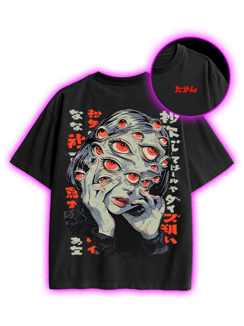 Thousand Eyes Gaze Double Sided Print Washed Tshirt-ClassyOutlaw Sale