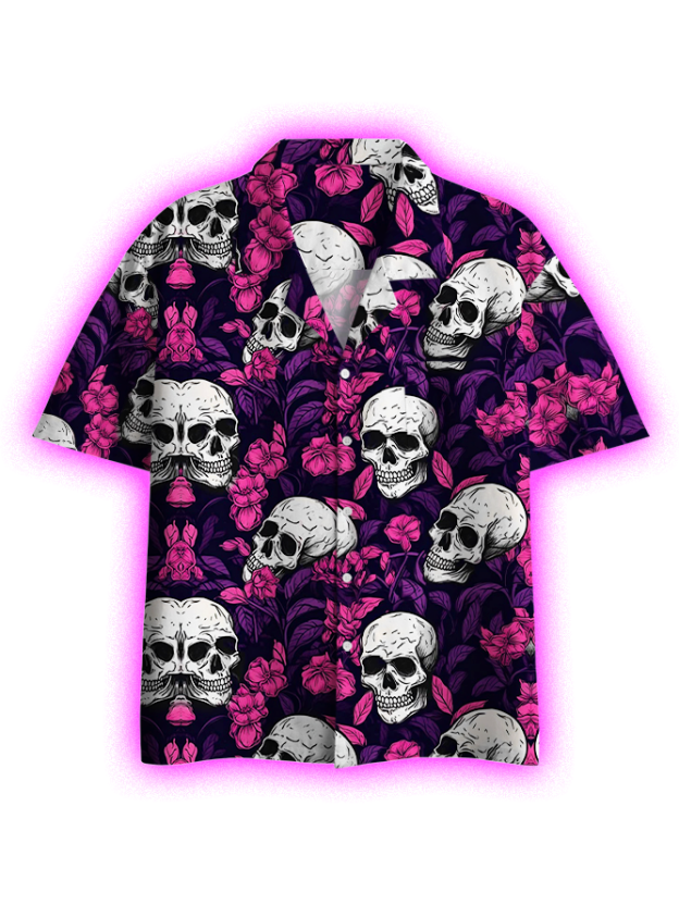 Skulls And Blossoms Button Up Pocket Shirt