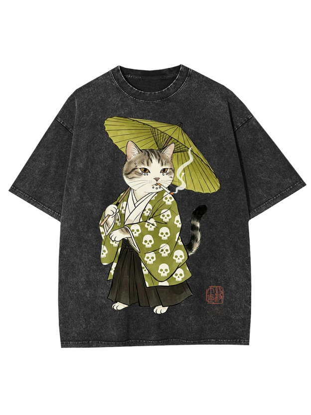Samurai Cat Ukiyo-e Washed Tshirt