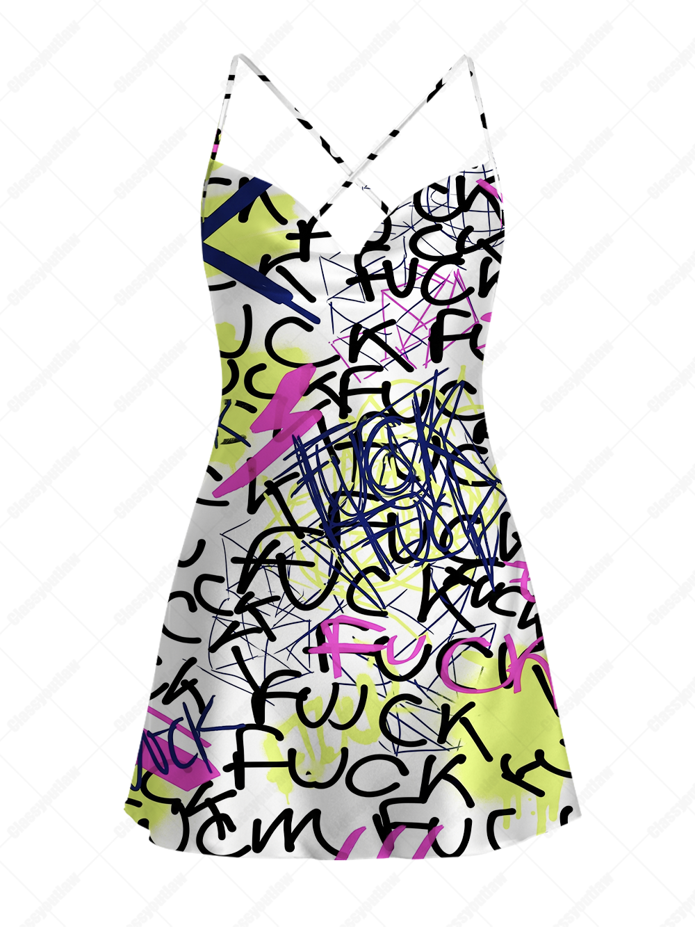 Villain Graffiti Satin Cross Back Mini Dress