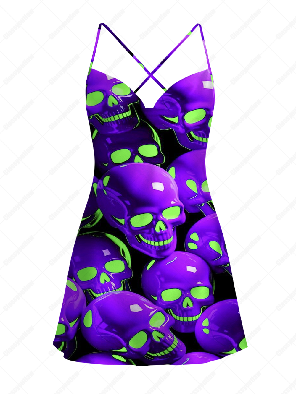 NEON SKULL SATIN CROSS BACK MINI DRESS