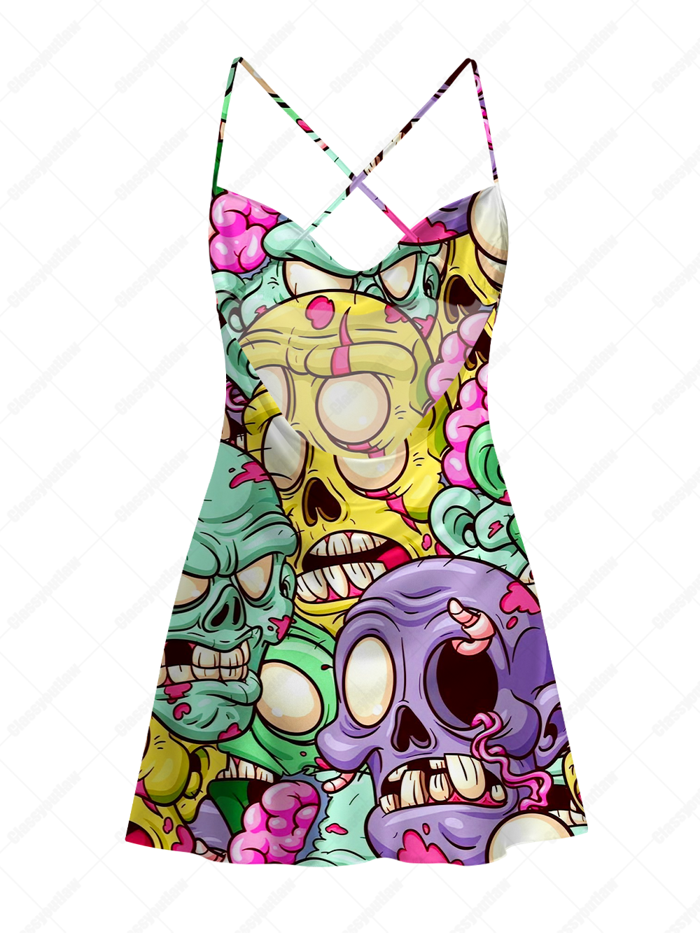 NEON ZOMBIE SKULLS SATIN CROSS BACK MINI DRESS