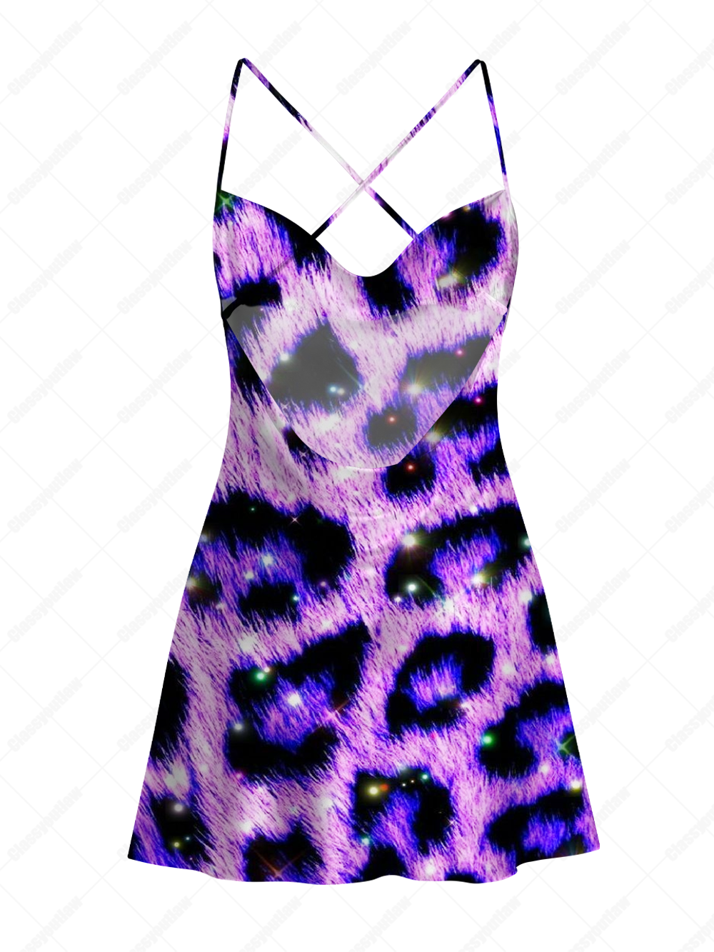 NEON PURPLE LEOPARD SATIN CROSS BACK MINI DRESS