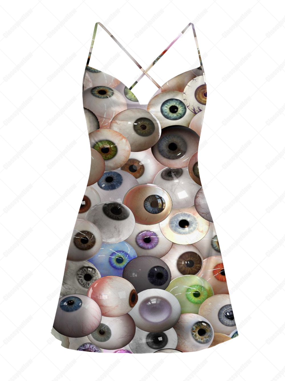 THOUSAND EYES VISION SATIN CROSS BACK MINI DRESS