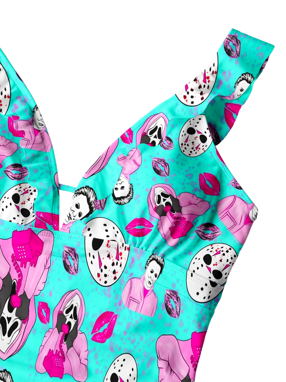 PINK HORROR ICONS V-NECK ONE PIECE SWIMSUIT