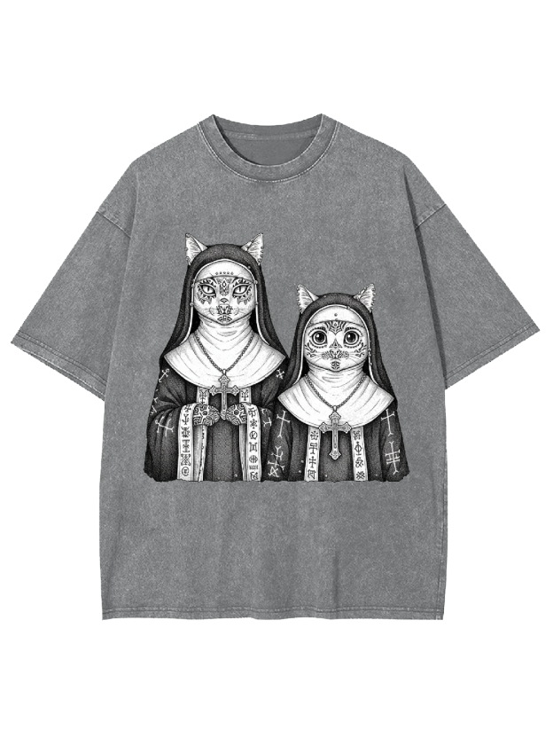 Two Cat Nuns Washed Tshirt