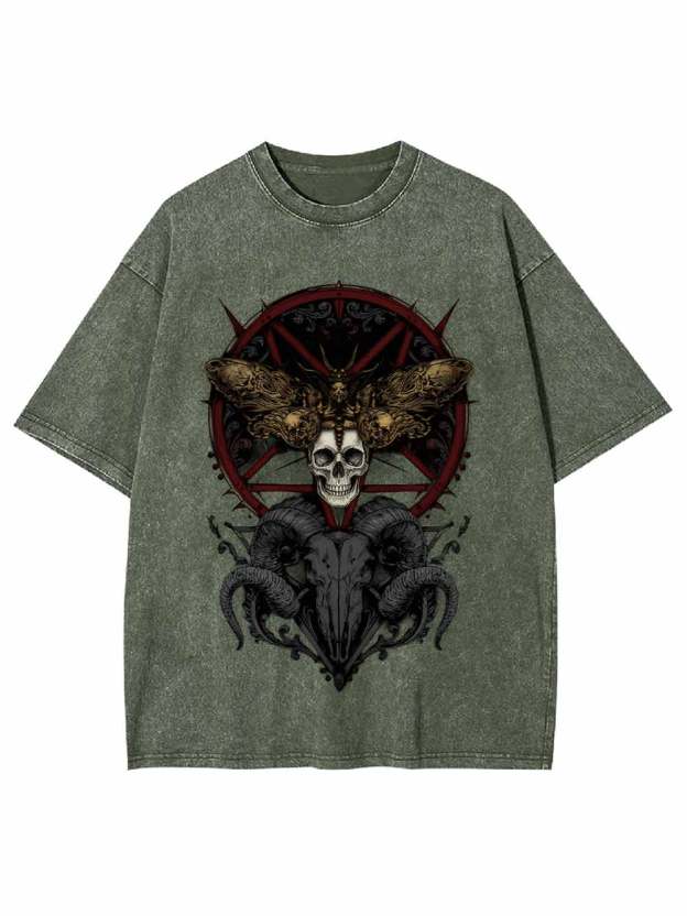 Dark Gothic Skull Goat Head Washed Tshirt