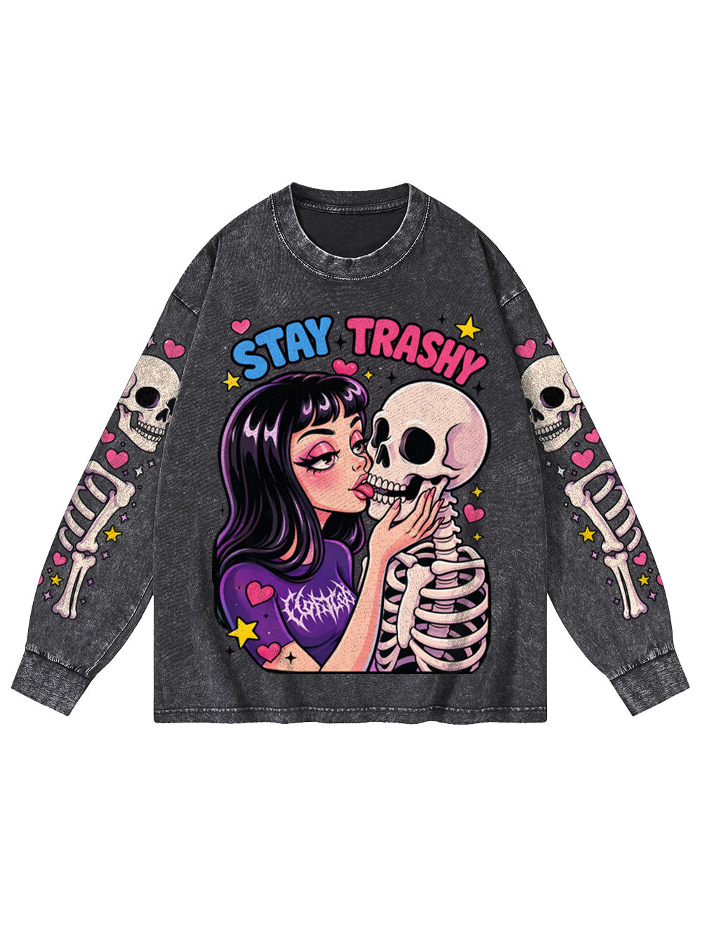 SKULL KISS WASHED LONG-SLEEVE GRAPHIC TSHIRT