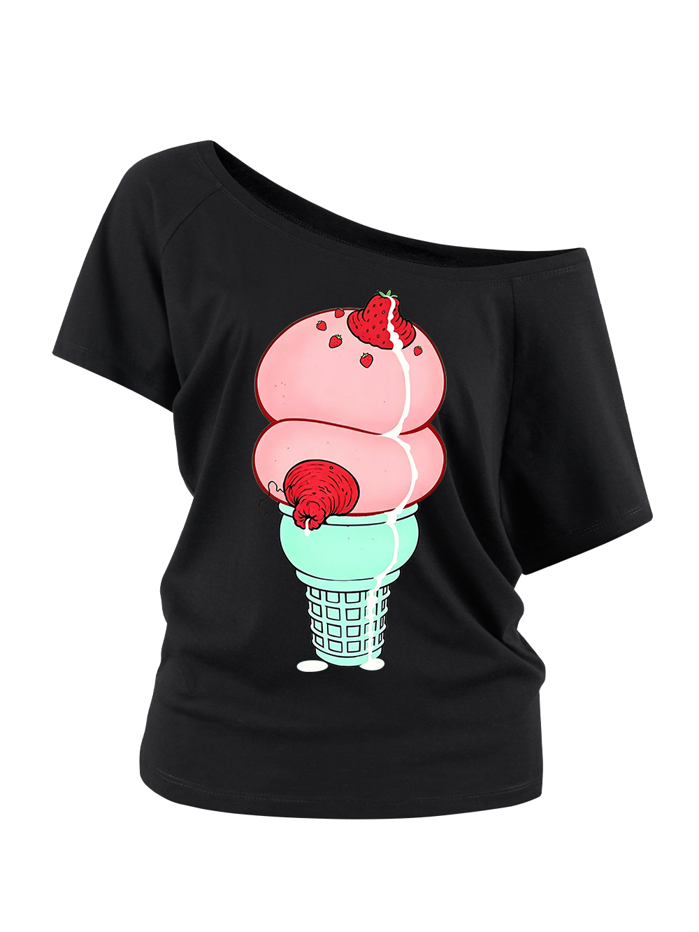 STRAWBERRY BOOB ICE CREAM OFF SHOULDER TSHIRT