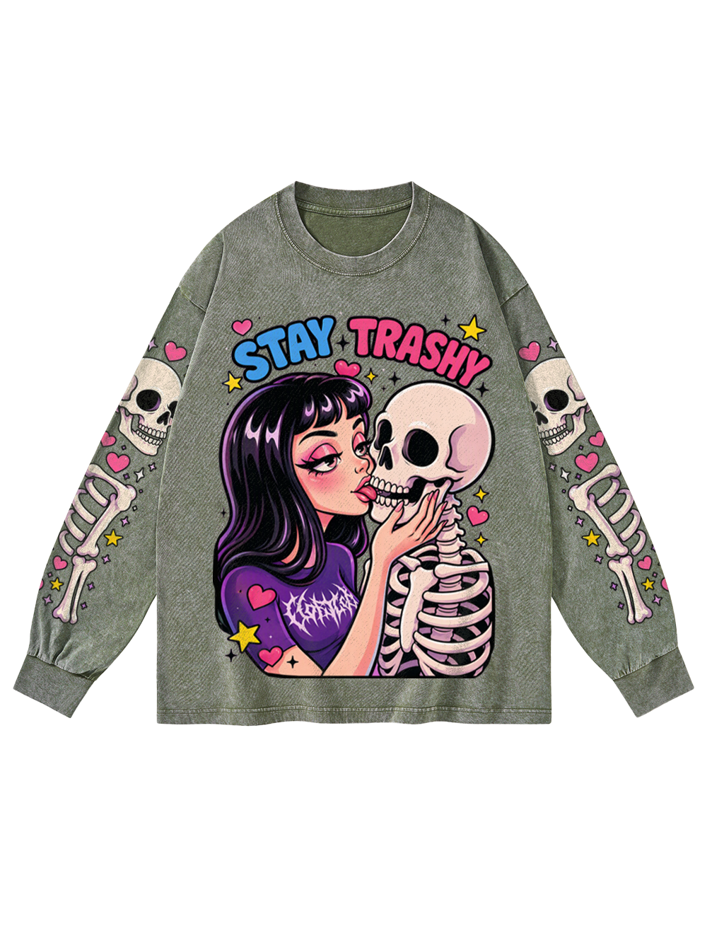SKULL KISS WASHED LONG-SLEEVE GRAPHIC TSHIRT