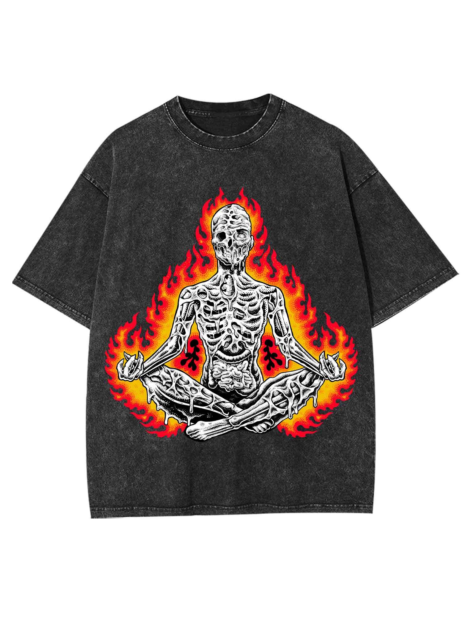 Flaming Skeleton Meditation Washed Tshirt