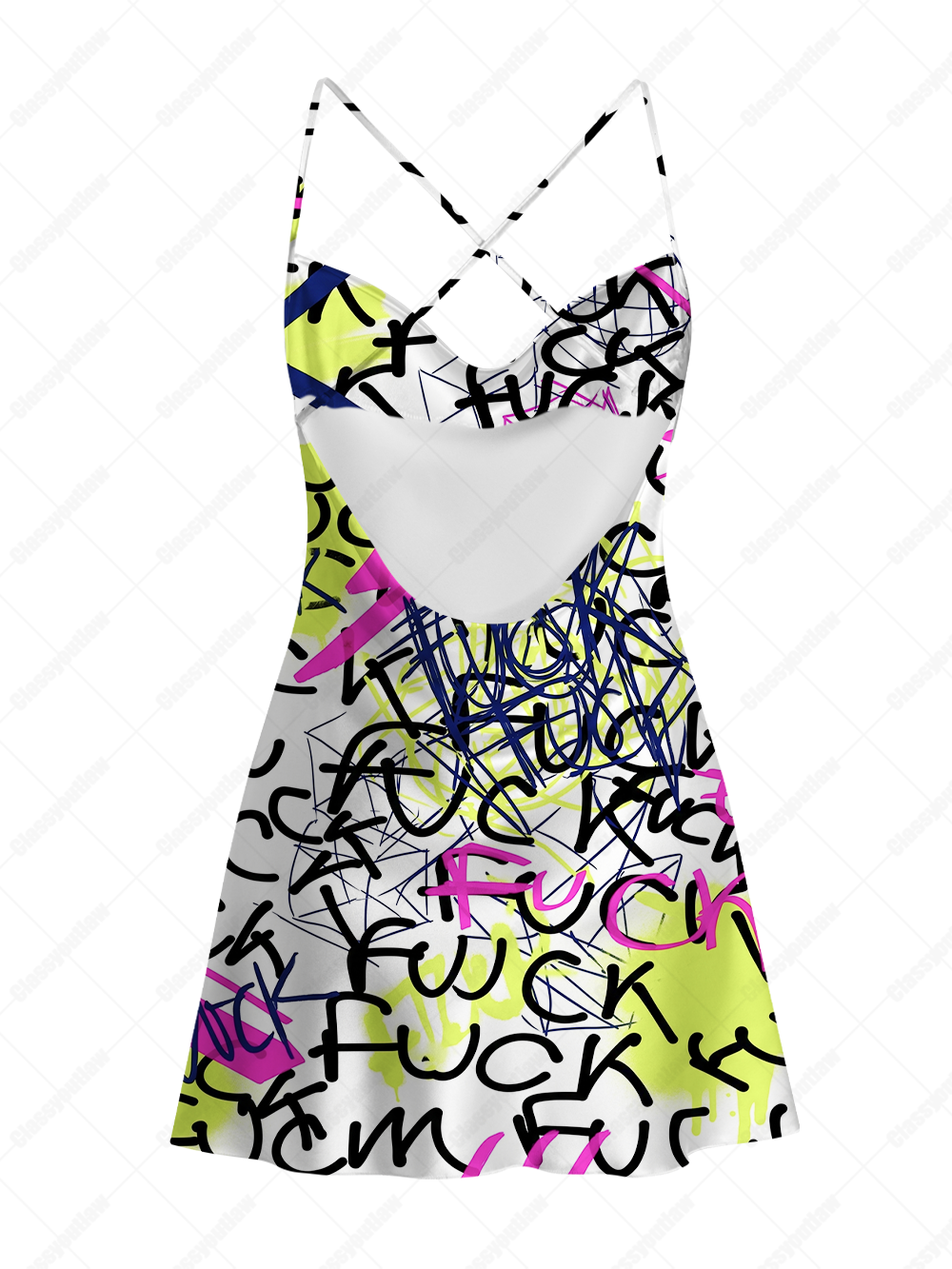 Villain Graffiti Satin Cross Back Mini Dress