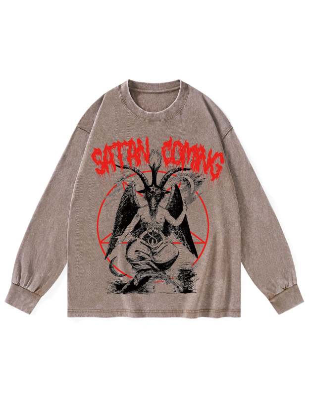 Satan Coming Washed Long-Sleeve Tshirt-ClassyOutlaw