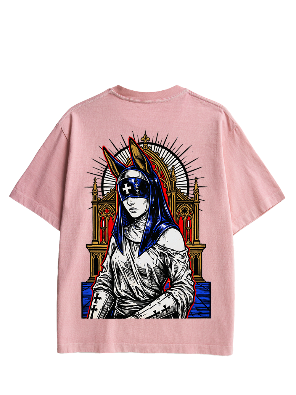 GOTHIC NUN WITH BUNNY EARS CHURCH DOUBLE SIDED PRINT WASHED TSHIRT