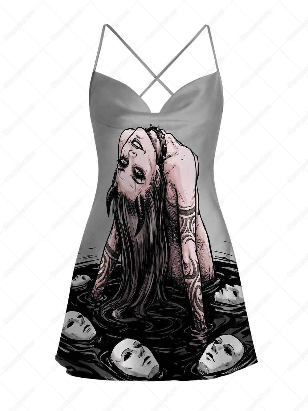 LONG-HAIRED GIRL WITH DESIRES SATIN CROSS BACK MINI DRESS