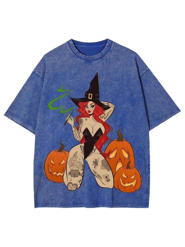 Tattooed Witch and Pumpkins Washed Tshirt