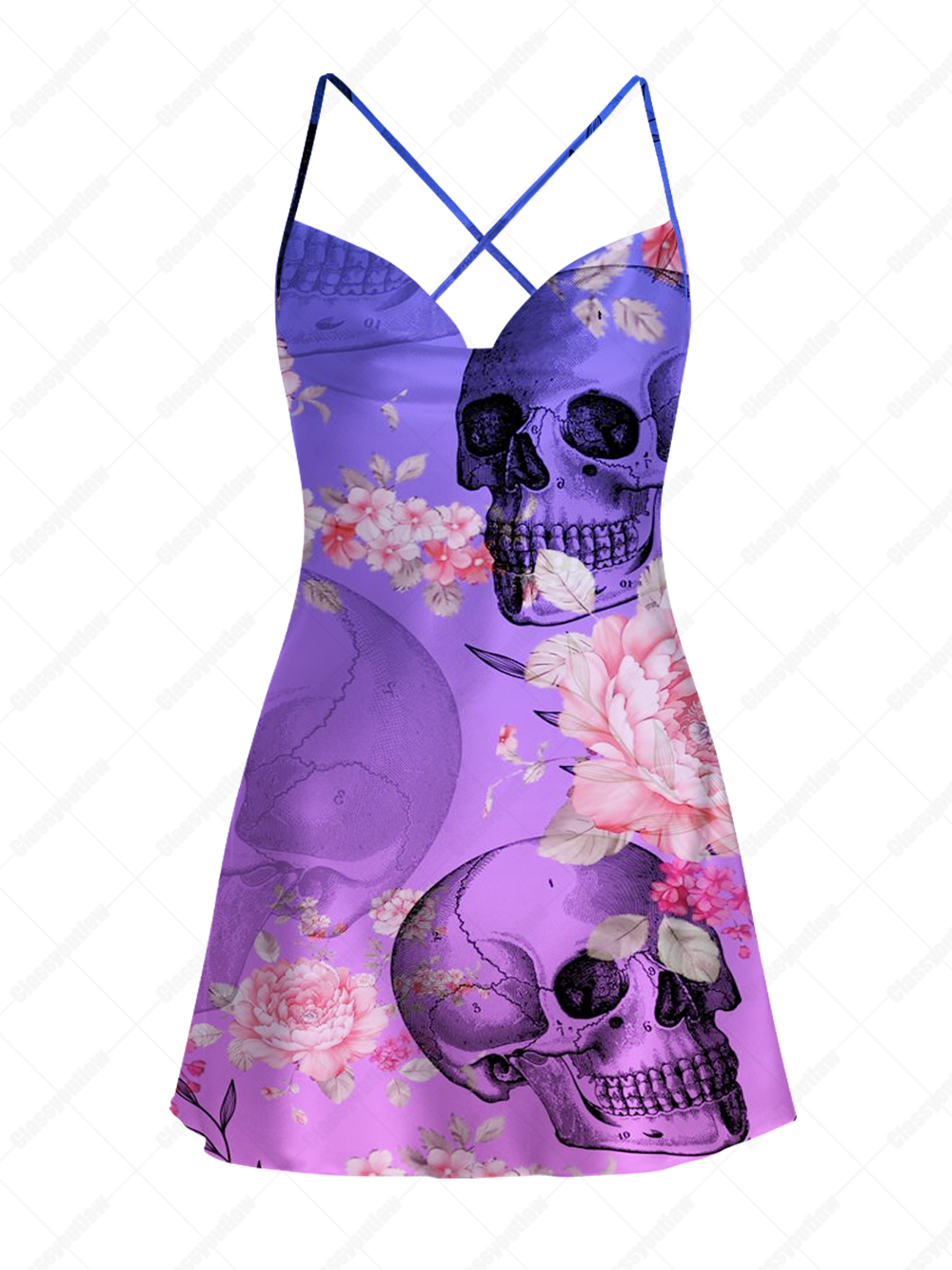 PURPLE FLORAL SKULL SATIN CROSS BACK MINI DRESS