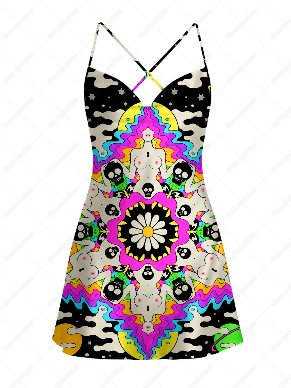 PSYCHEDELIC KALEIDOSCOPE GODDESS SATIN CROSS BACK MINI DRESS