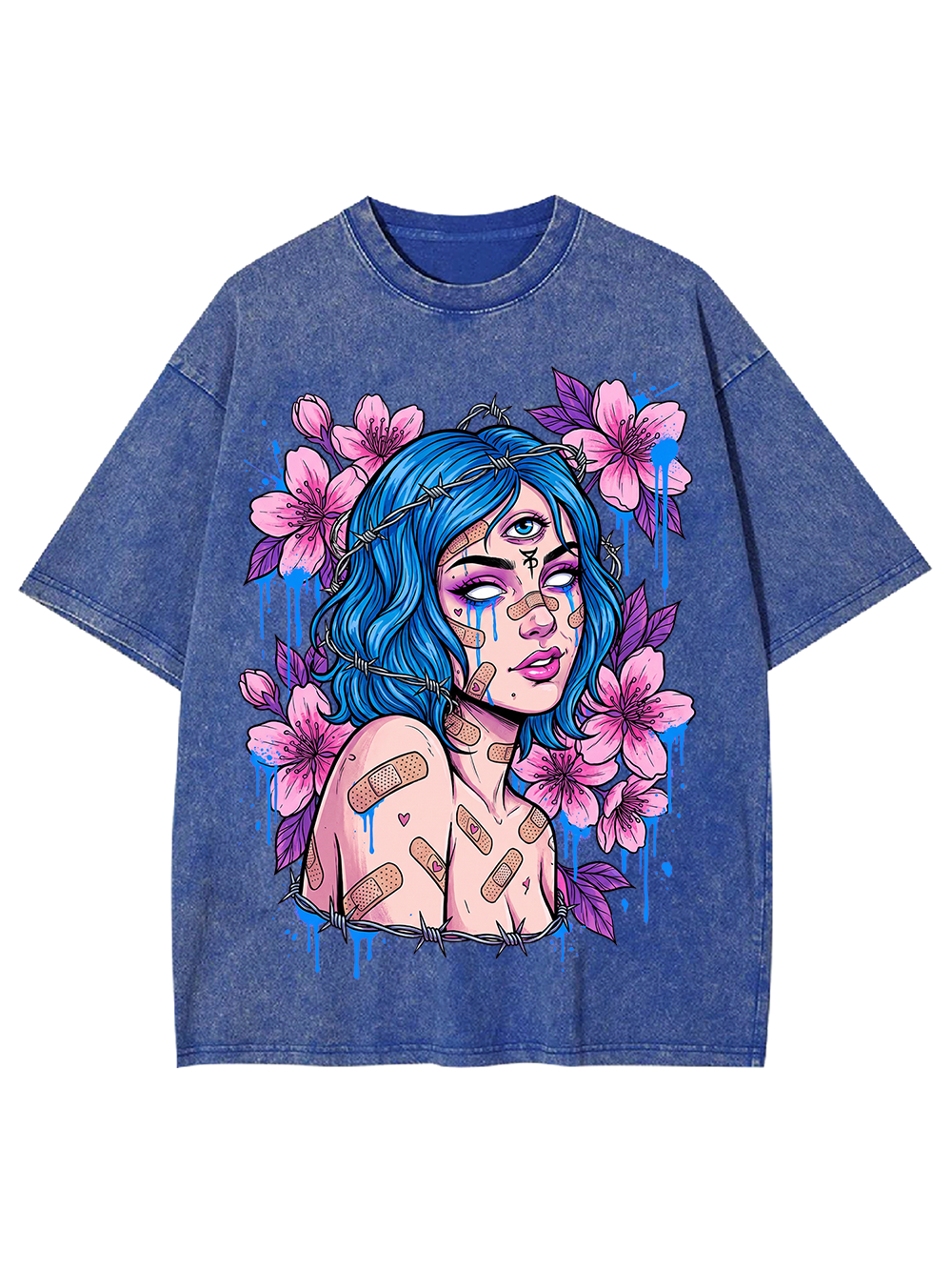 BLUE HAIRED BLOSSOM GIRL WASHED TSHIRT