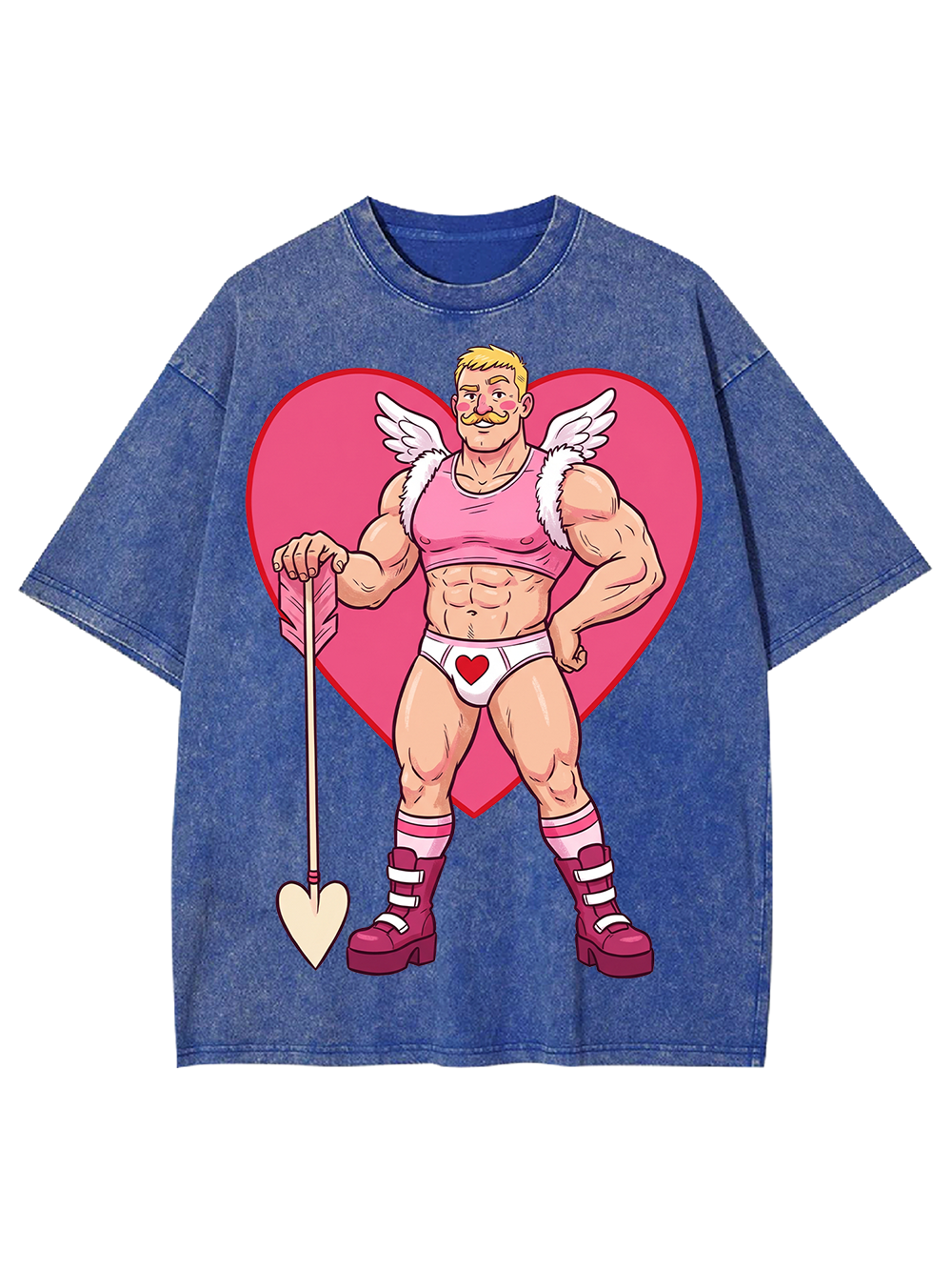 MUSCULAR CUPID IN PINK HEART OUTFIT WASHED TSHIRT