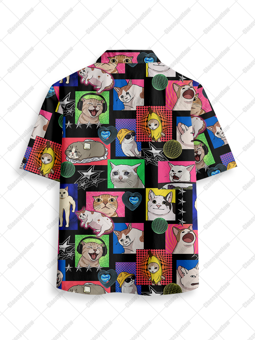 MEME CATS COLLAGE BUTTON UP POCKET SHIRT