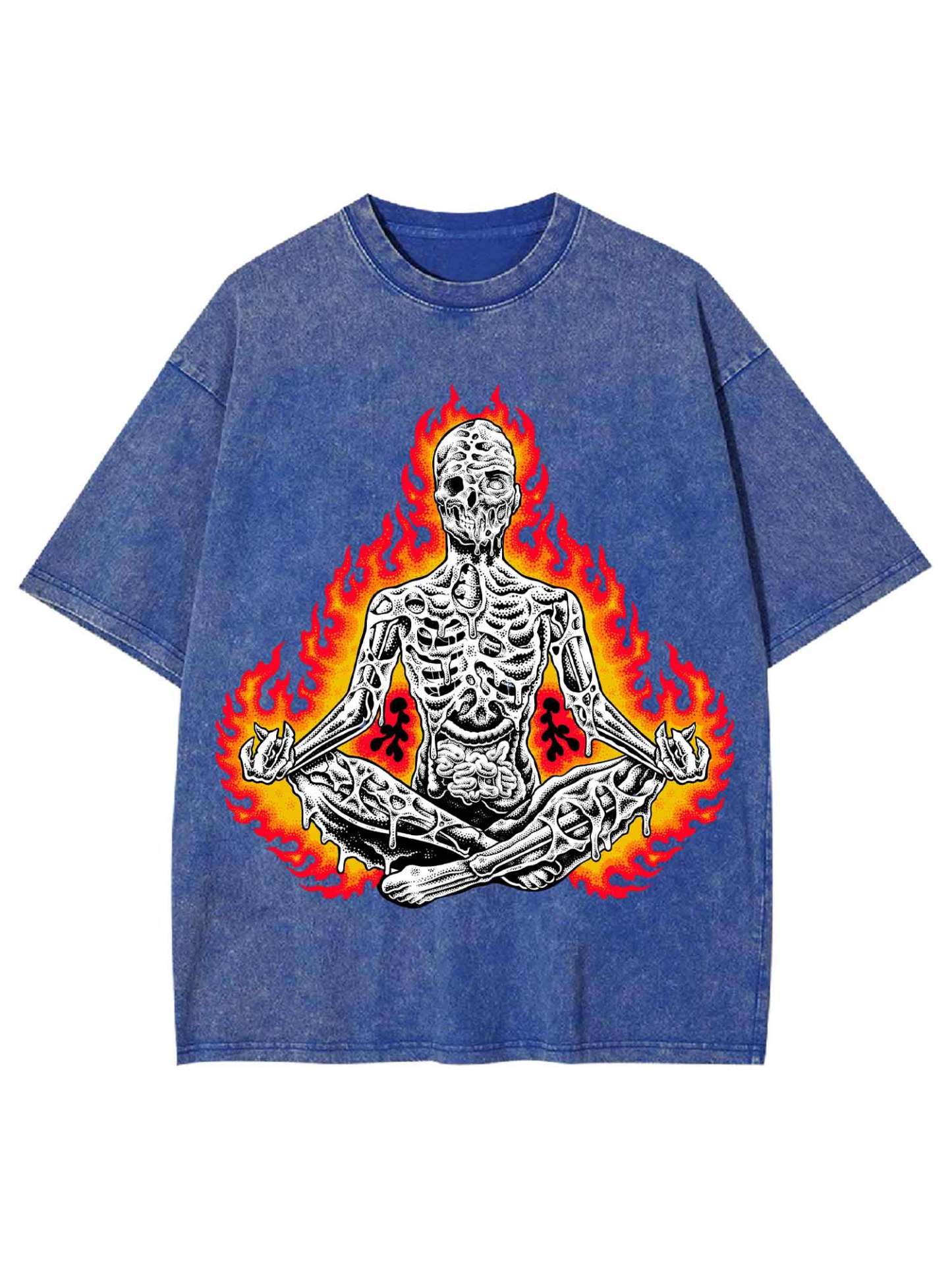 Flaming Skeleton Meditation Washed Tshirt-ClassyOutlaw Sale