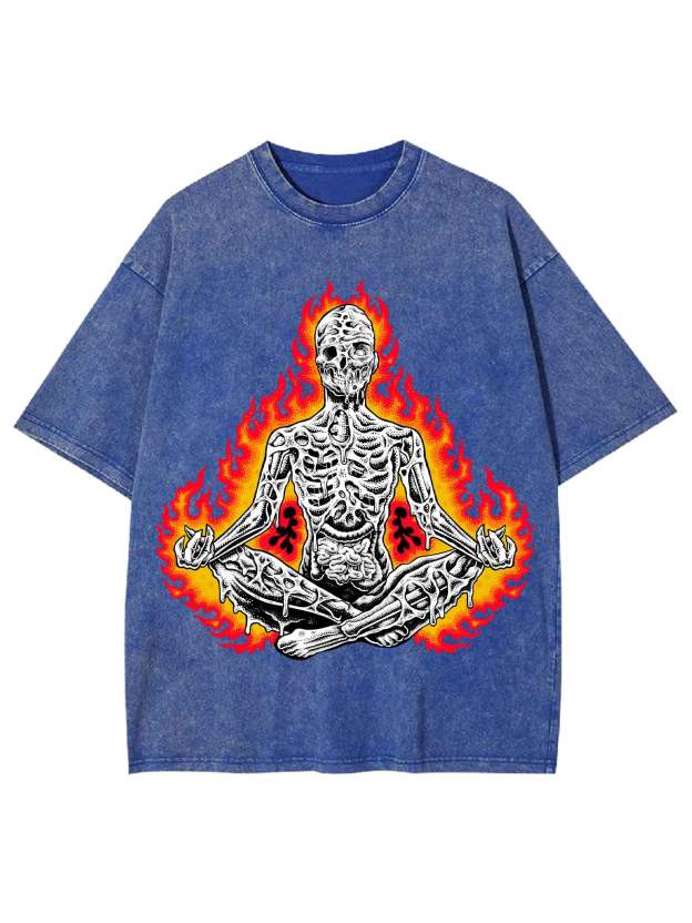 Flaming Skeleton Meditation Washed Tshirt