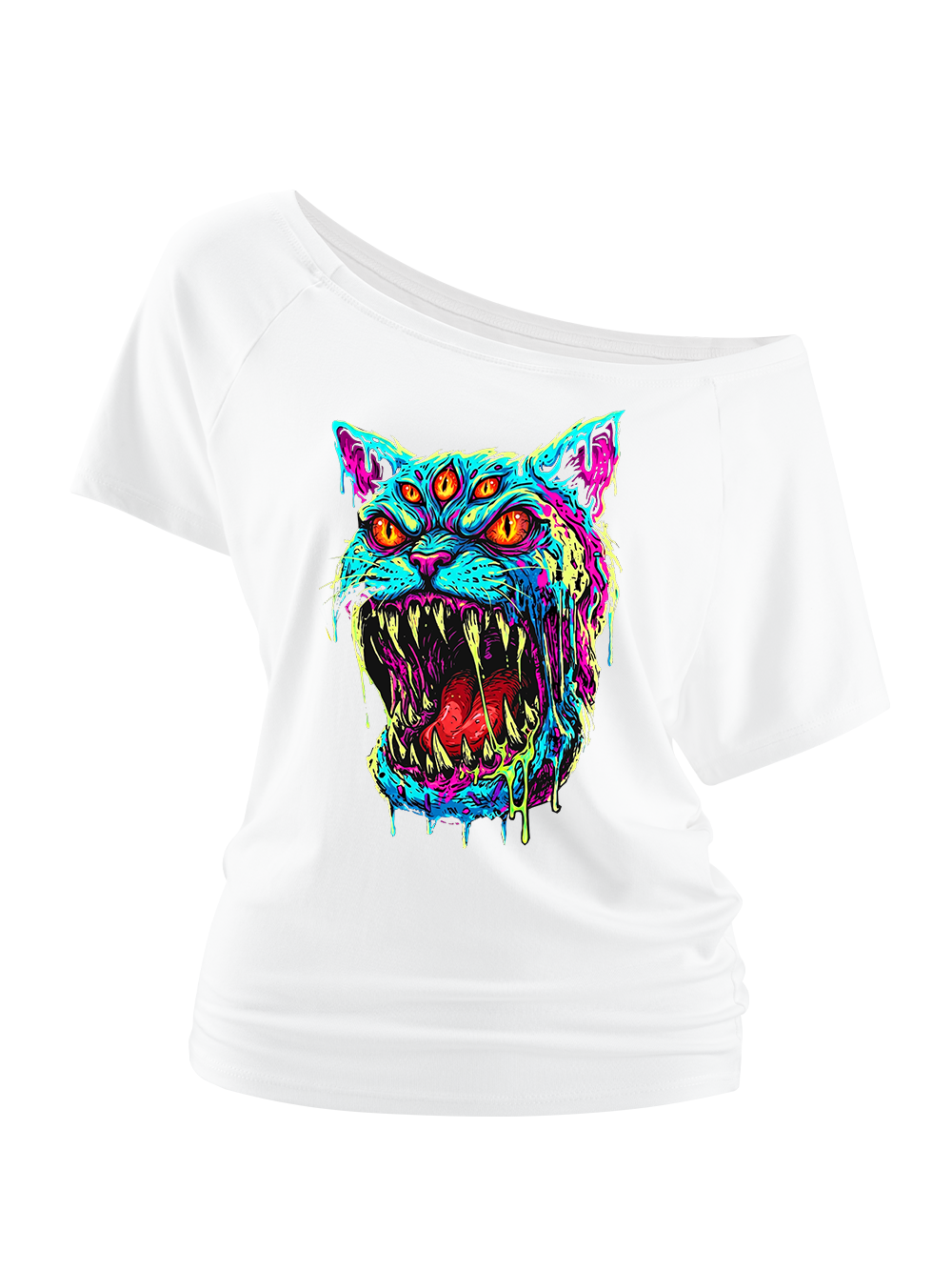 NEON DEMON CAT OFF SHOULDER TSHIRT
