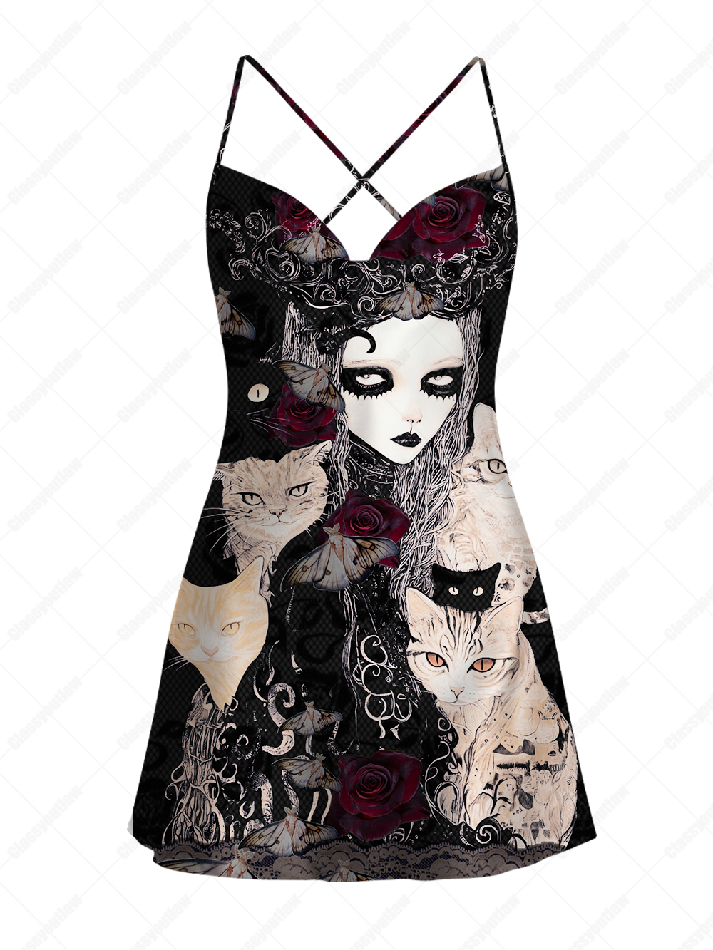 GOTHIC CAT MUSE SATIN CROSS BACK MINI DRESS