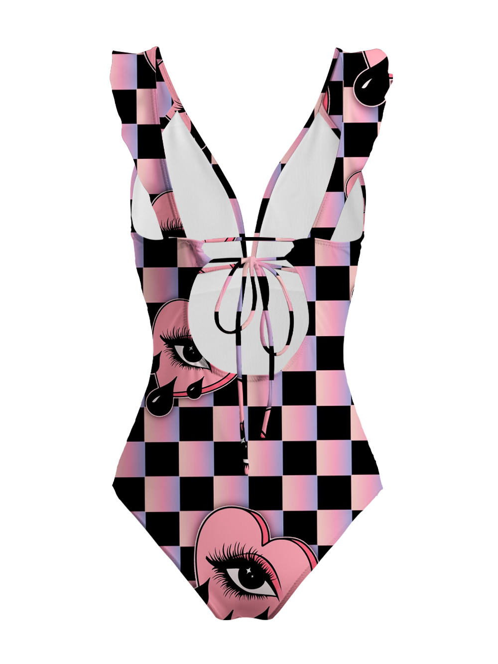 PINK CHECKERED CRYING HEART V-NECK ONE PIECE SWIMSUIT