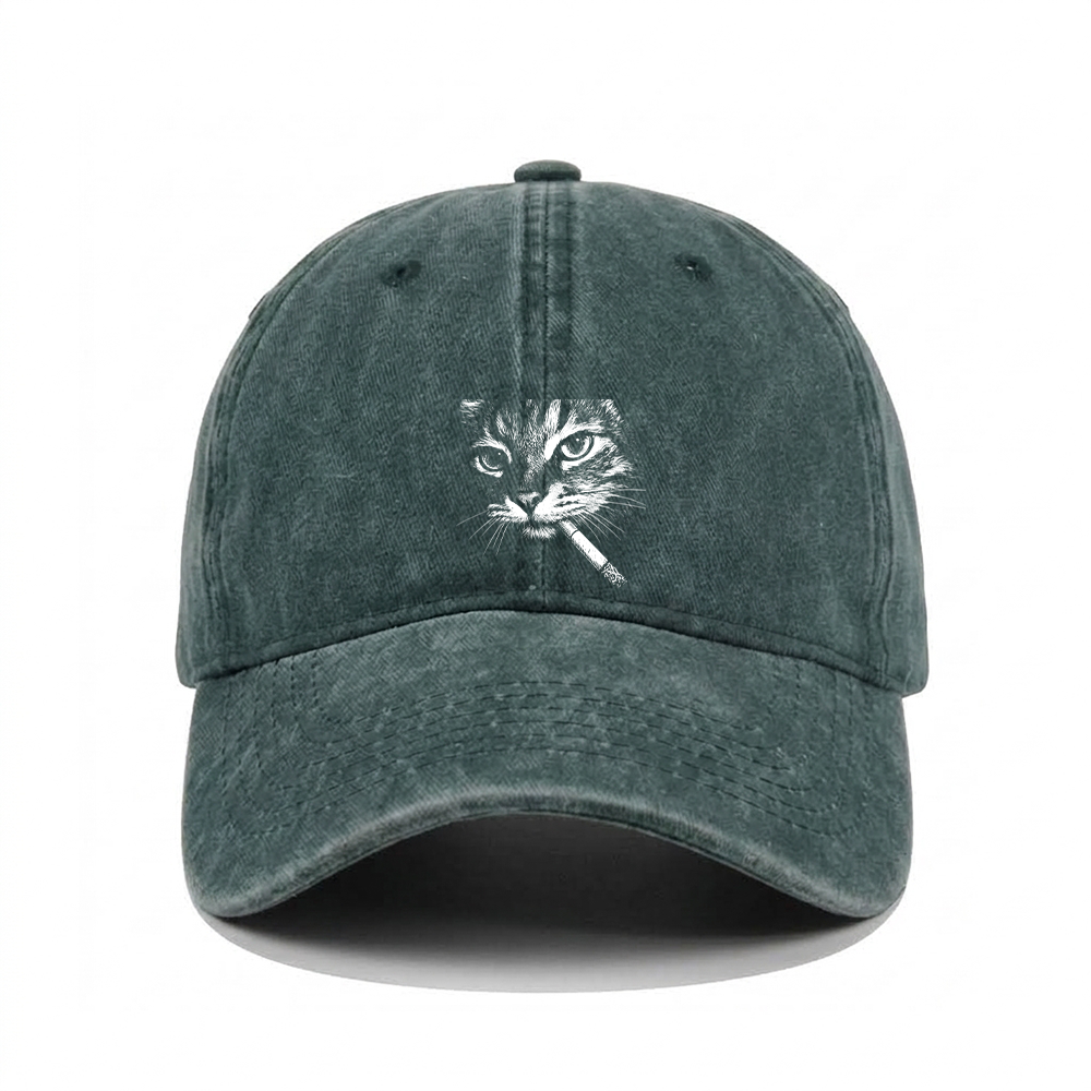 CAT WITH CIGARETTE WASHED VINTAGE BASEBALL CAP