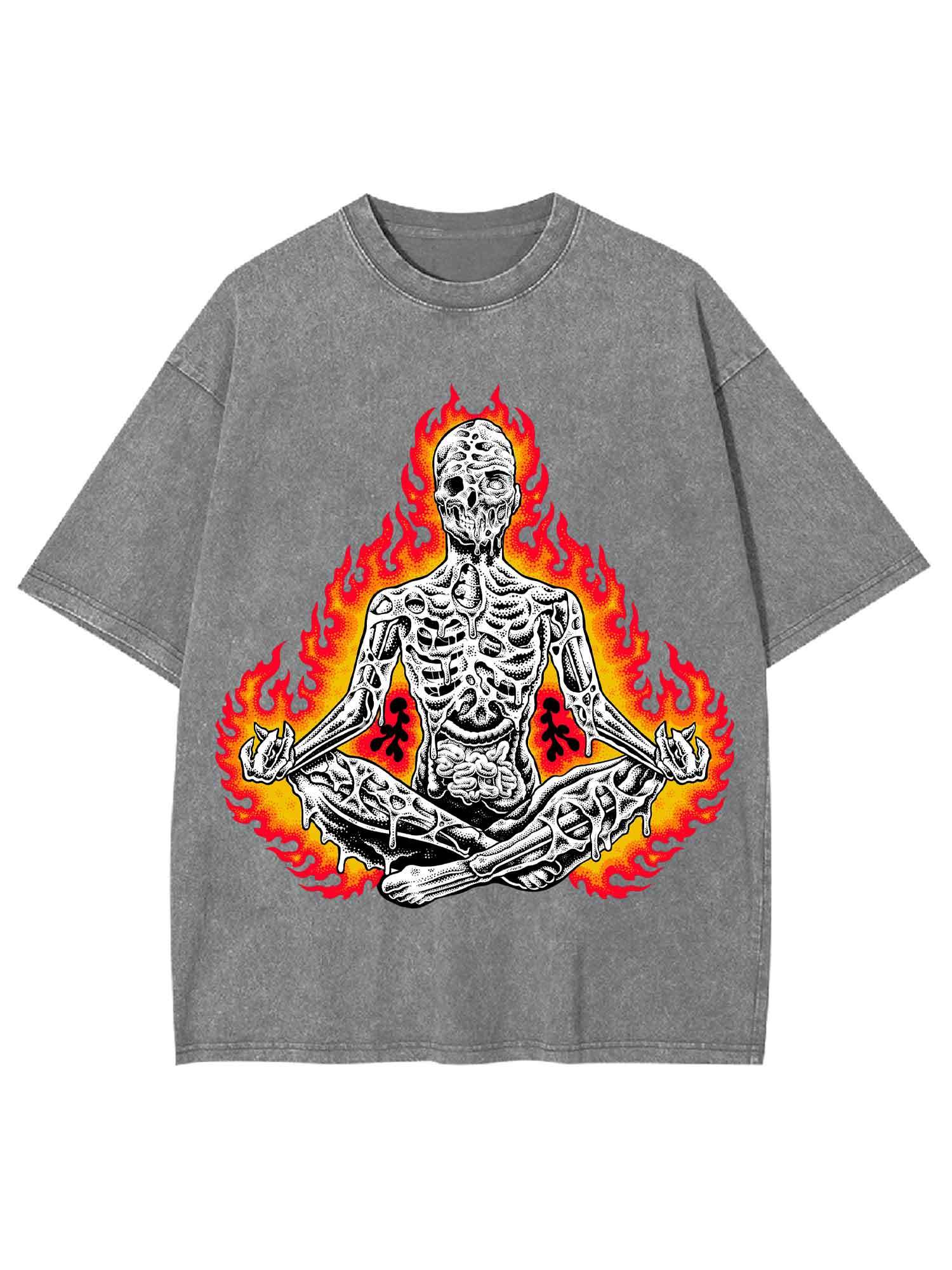 Flaming Skeleton Meditation Washed Tshirt