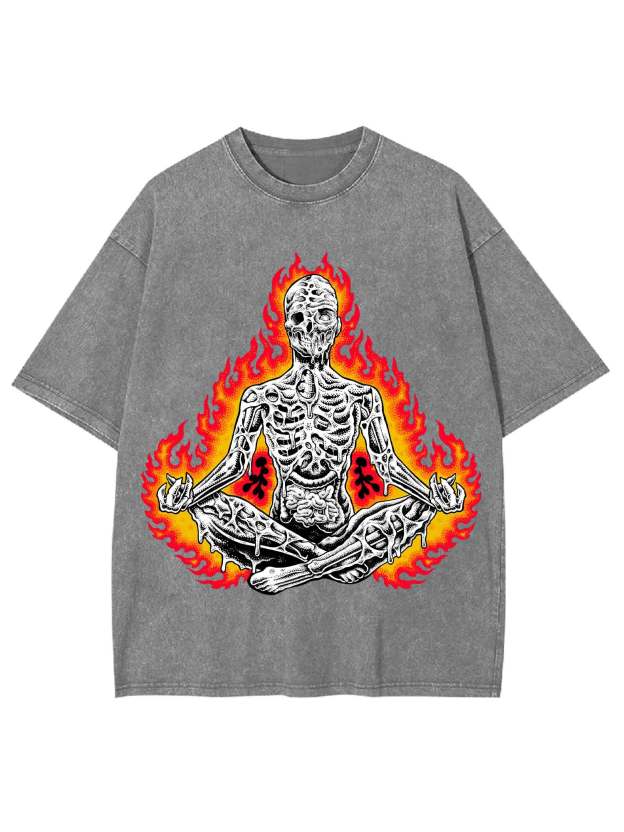 Flaming Skeleton Meditation Washed Tshirt
