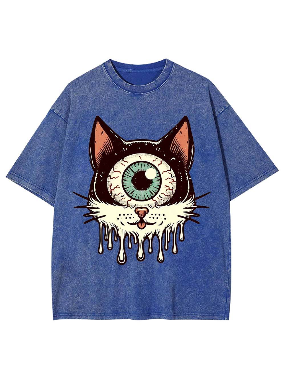 Melting Eyeball Cat Washed Tshirt-ClassyOutlaw Sale