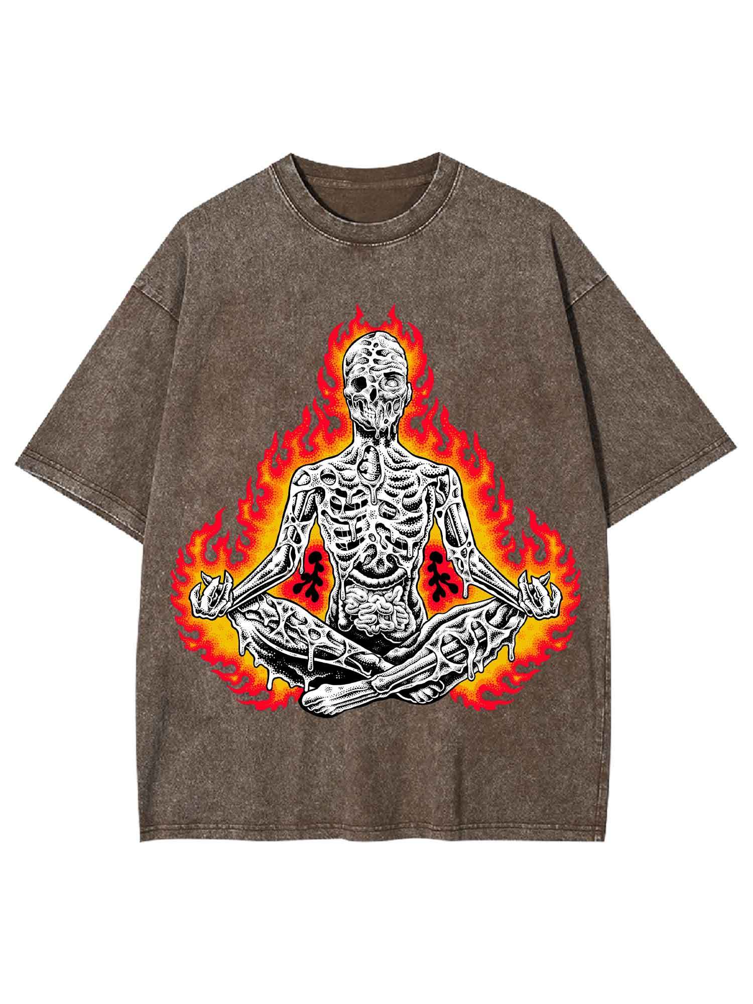 Flaming Skeleton Meditation Washed Tshirt