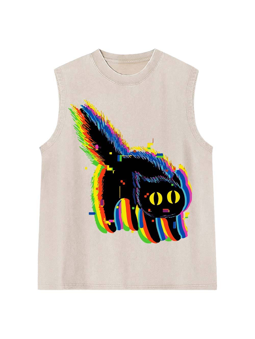 Glitchy Neon Cat Washed Tank Top