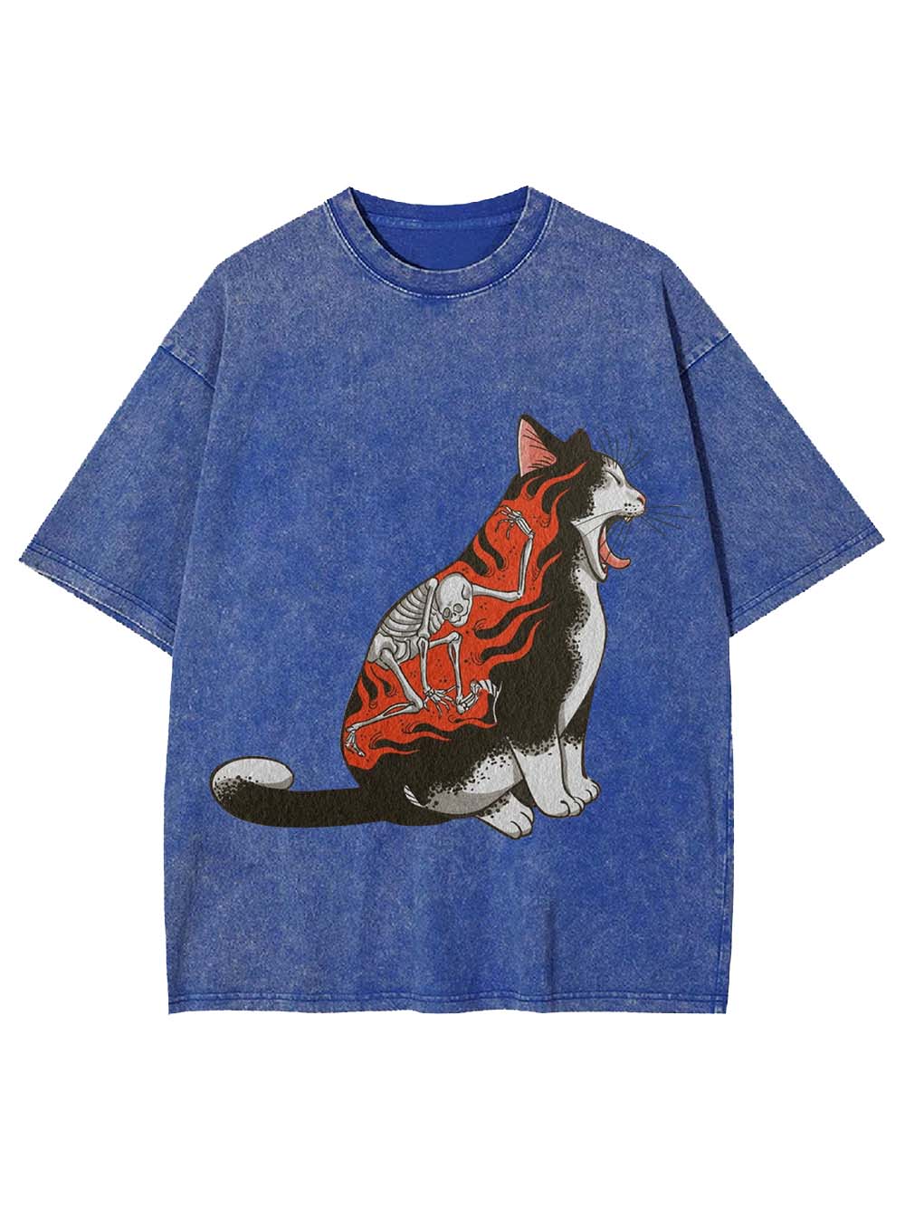 Flaming Skeleton Cat Washed Tshirt