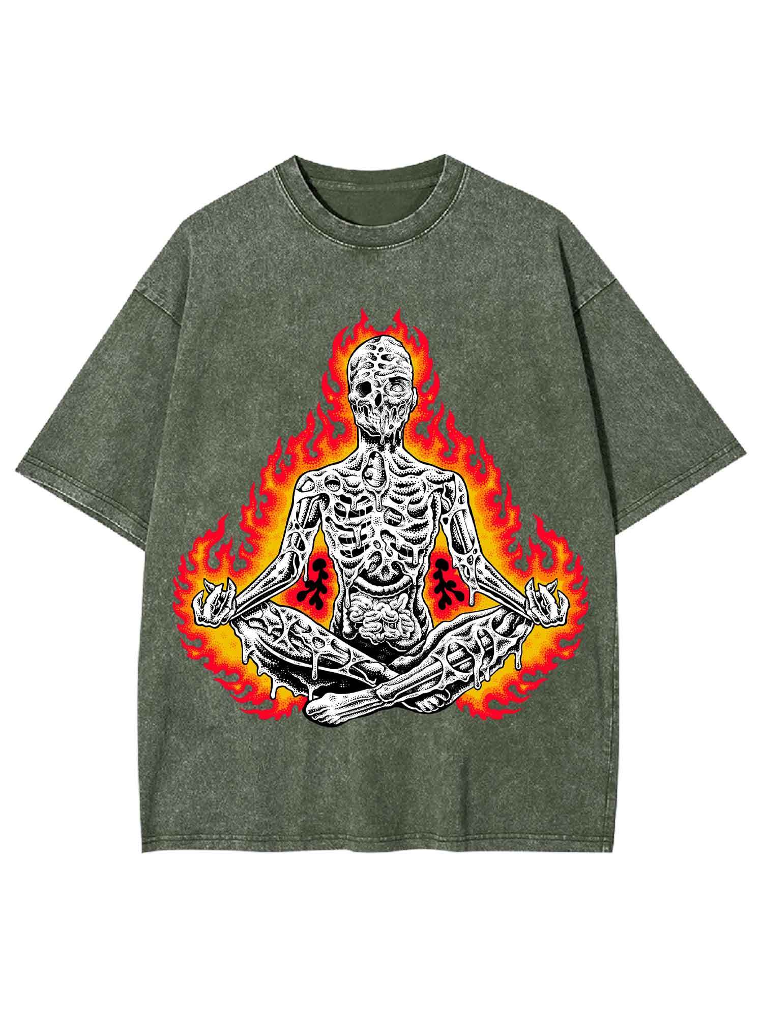 Flaming Skeleton Meditation Washed Tshirt