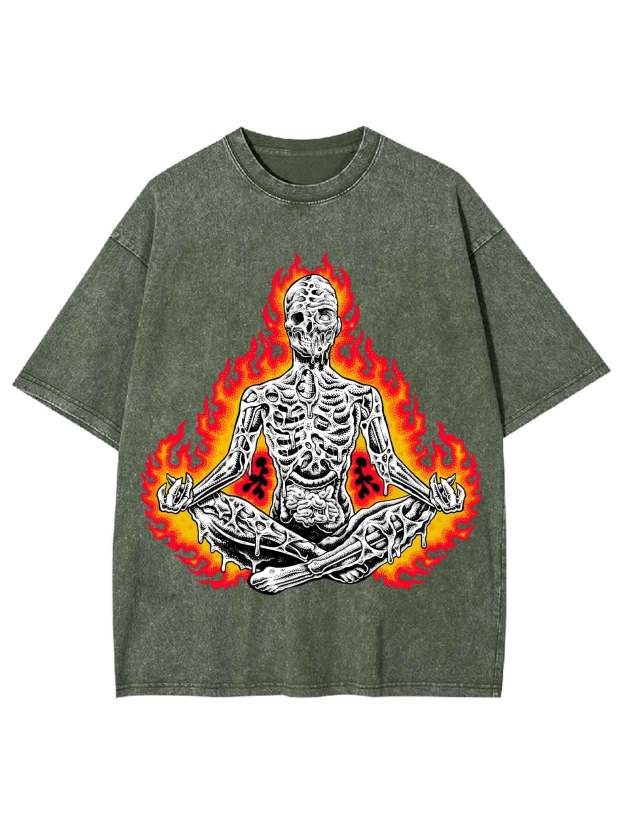 Flaming Skeleton Meditation Washed Tshirt