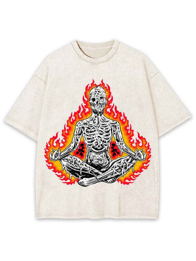 Flaming Skeleton Meditation Washed Tshirt