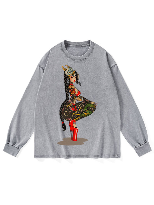 TATTOOED WARRIOR WASHED LONG-SLEEVE TSHIRT
