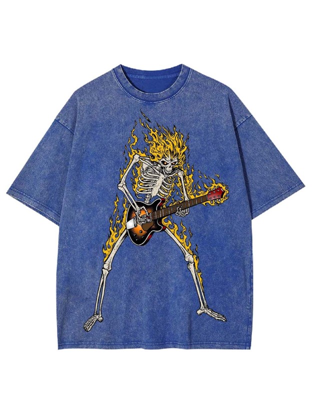Flaming Skeleton Guitarist Washed Tshirt