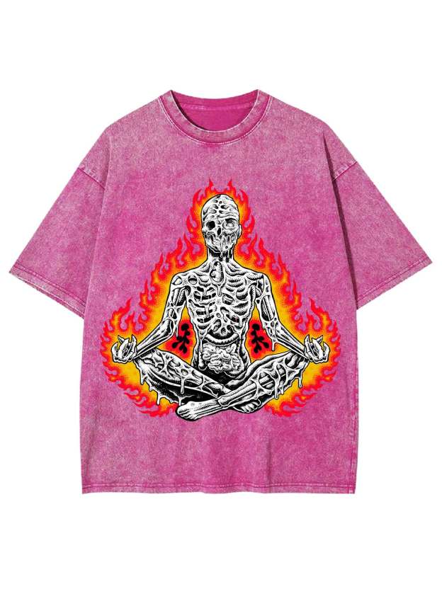 Flaming Skeleton Meditation Washed Tshirt