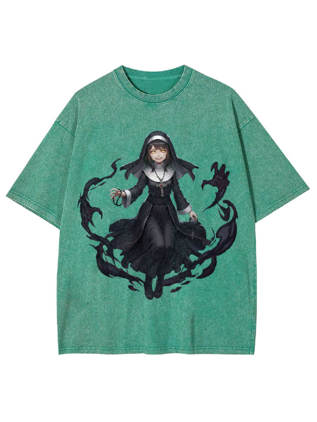 Dark Comic Nun Washed Tshirt